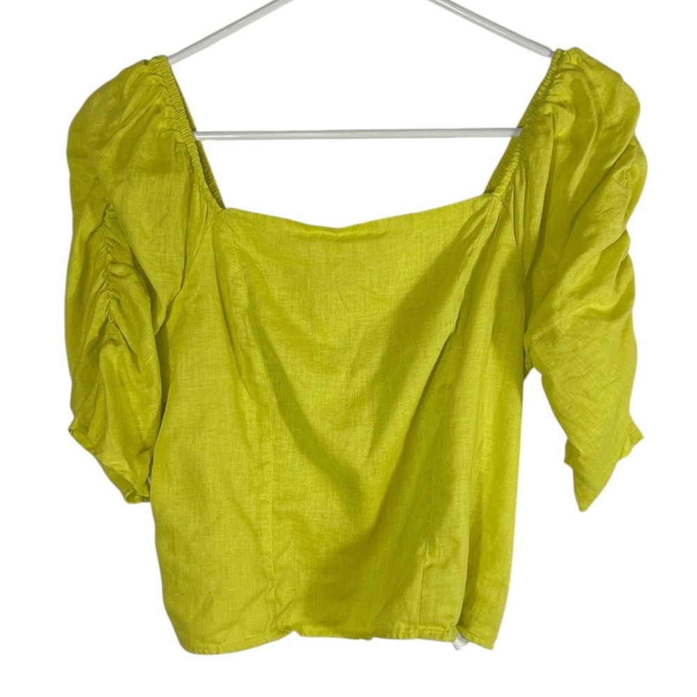 Rachel Zoe Lime Green 100% Linen Puff Sleeve Smocked Back Top Size M